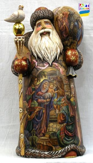 11.8-inch custom order hand-carved and painted Father Frost with bag wooden figure, showcasing intricate details and Christmas design.