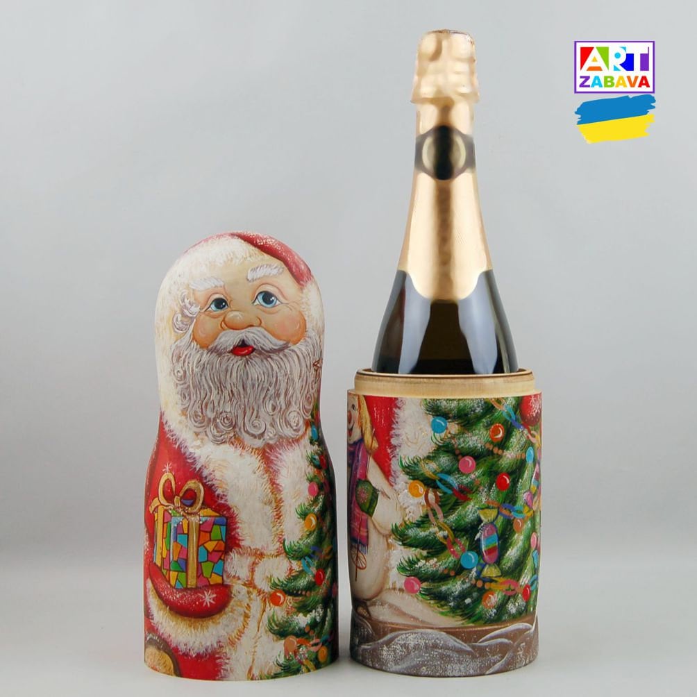 14.76-inch Santa Nesting Doll hand-painted as a Champagne bottle case, ideal for holiday decor or gifting.