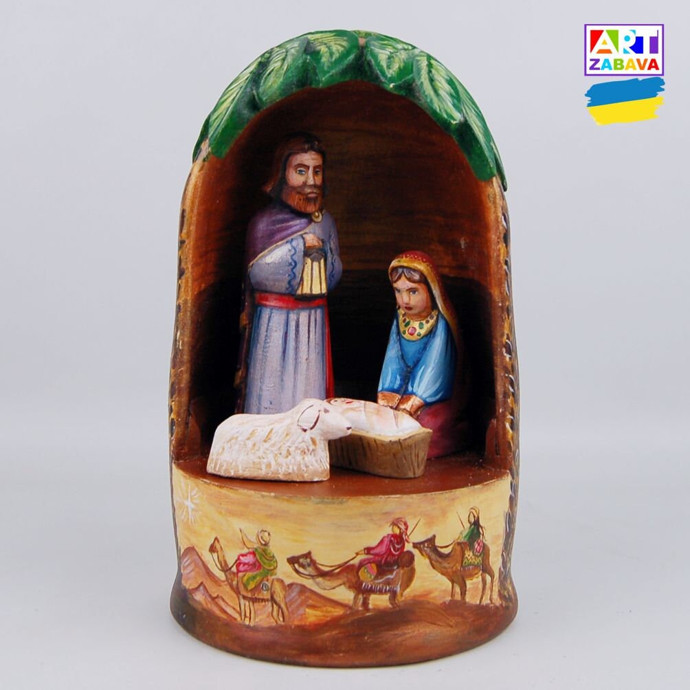 6.7-inch Three-in-One Nativity Scene hand-carved and painted wooden figurine, featuring detailed craftsmanship and Christmas design.