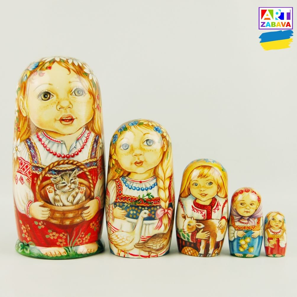 6.7 inch hand-painted Ukraine Girls Nesting Doll set, featuring five detailed wooden dolls, perfect for room décor.