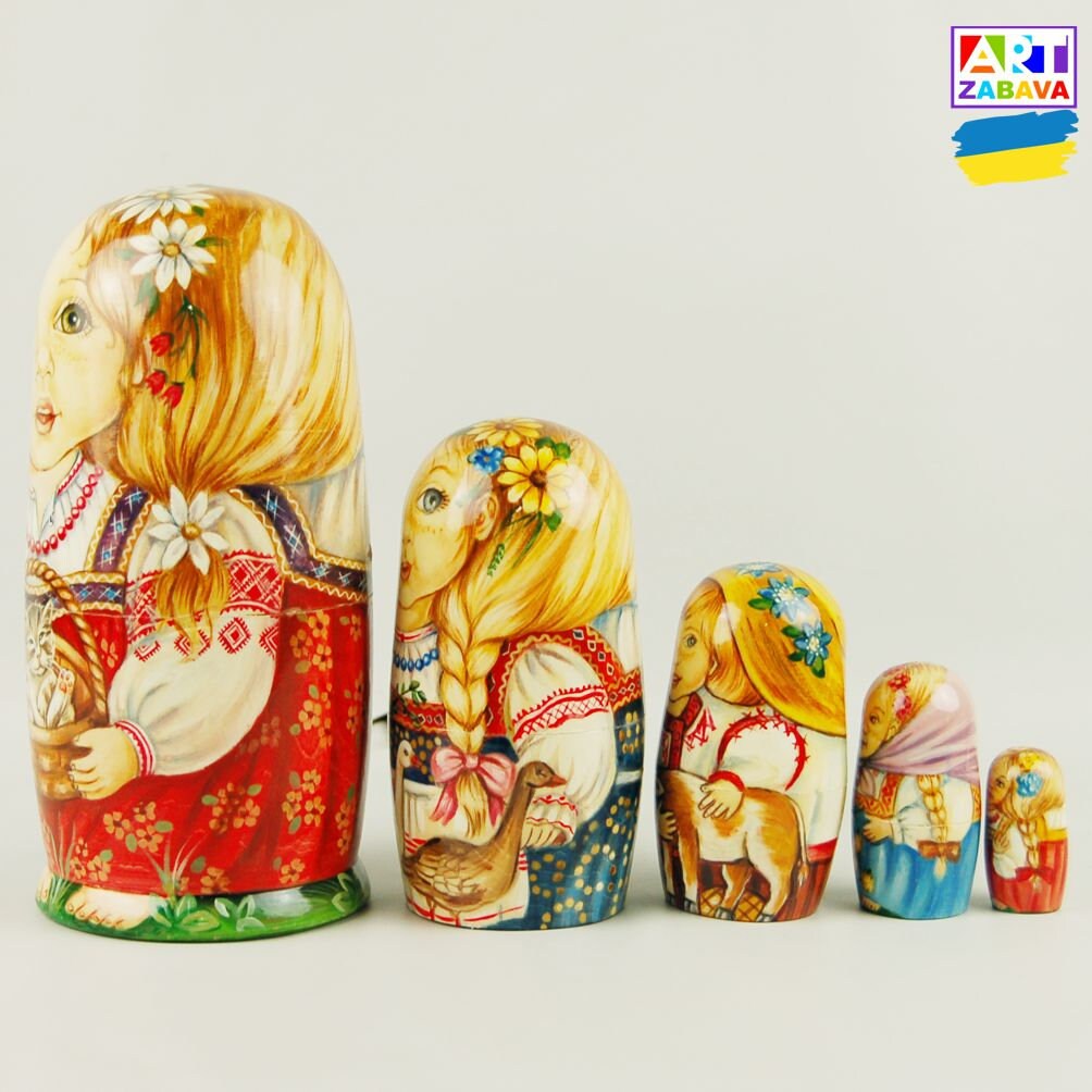 6.7 inch hand-painted Ukraine Girls Nesting Doll set, featuring five detailed wooden dolls, perfect for room décor.