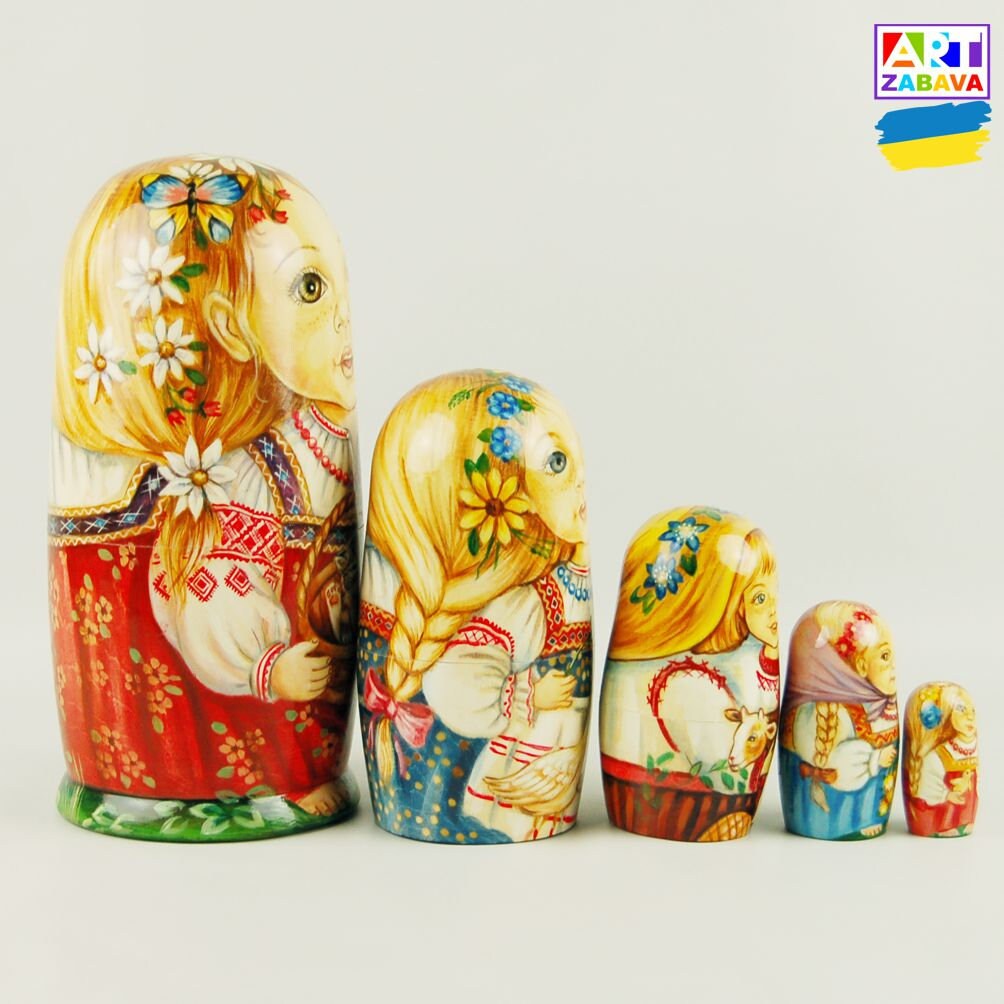 6.7 inch hand-painted Ukraine Girls Nesting Doll set, featuring five detailed wooden dolls, perfect for room décor.