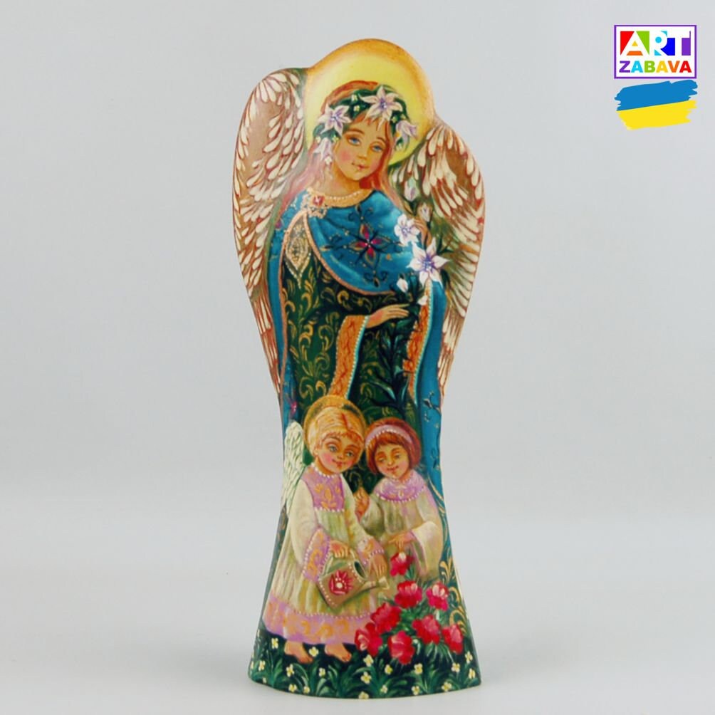 7.6-inch custom order hand-carved and painted Christmas Angel wooden figurine, showcasing detailed craftsmanship and festive design.