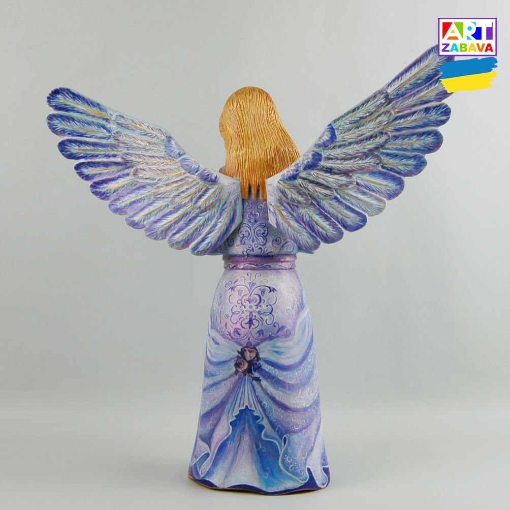 Hand-carved and painted 7.8-inch Blue Angel figurine made from eco-friendly linden wood. Detailed craftsmanship highlighting Slavic culture.