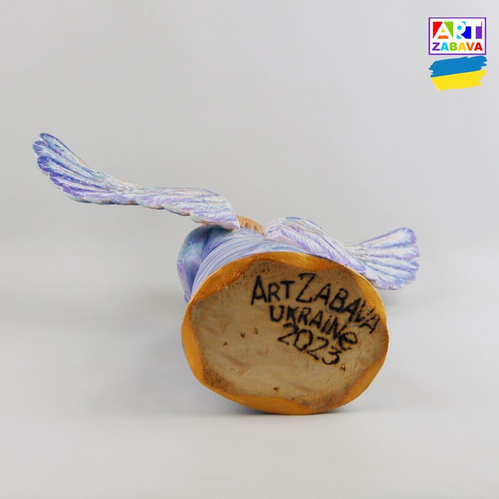 Hand-carved and painted 7.8-inch Blue Angel figurine made from eco-friendly linden wood. Detailed craftsmanship highlighting Slavic culture.