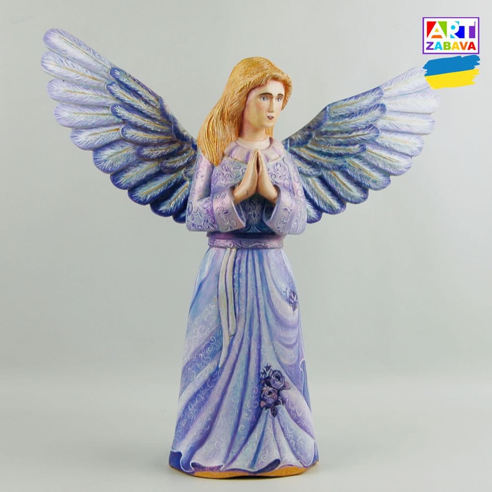 Hand-carved and painted 7.8-inch Blue Angel figurine made from eco-friendly linden wood. Detailed craftsmanship highlighting Slavic culture.