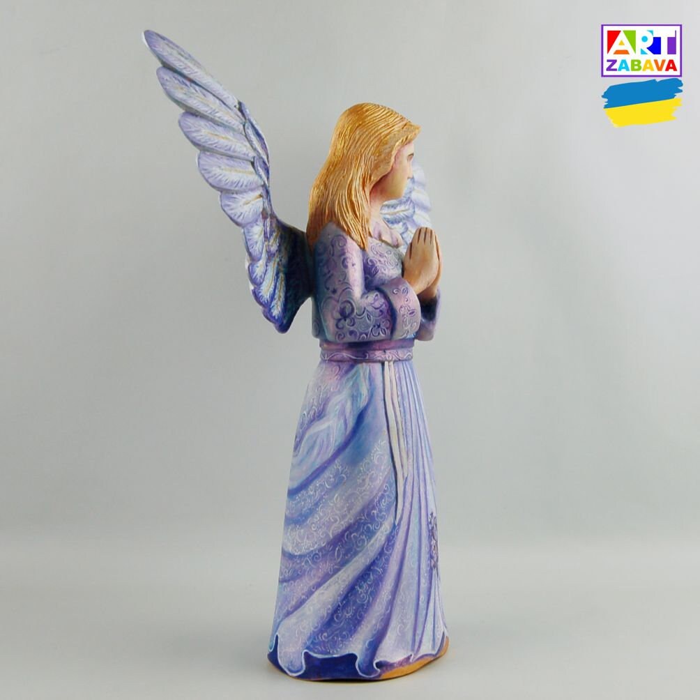 Hand-carved and painted 7.8-inch Blue Angel figurine made from eco-friendly linden wood. Detailed craftsmanship highlighting Slavic culture.