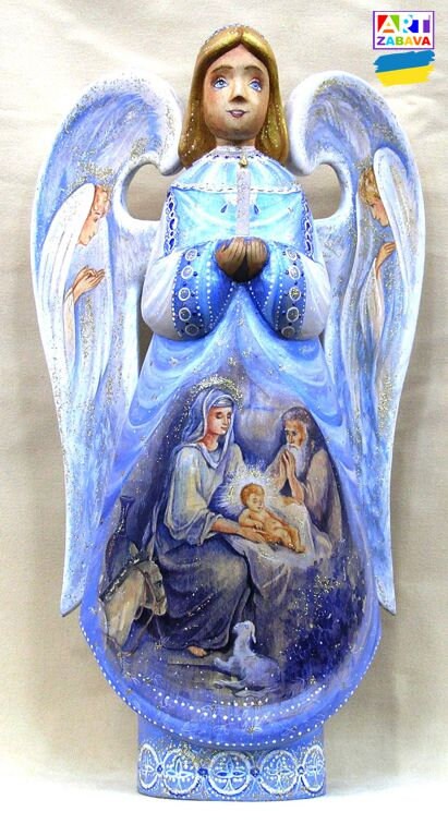 9.8-inch custom order hand-carved and painted wooden Christmas angel figurine, showcasing detailed craftsmanship and delicate features.