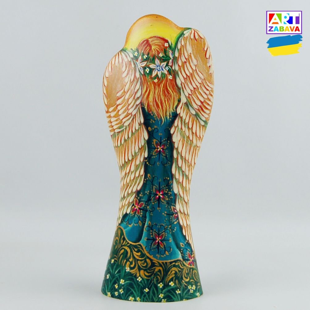 7.6-inch custom order hand-carved and painted Christmas Angel wooden figurine, showcasing detailed craftsmanship and festive design.