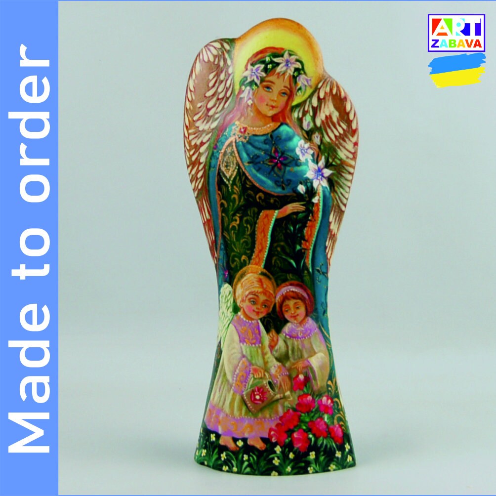 7.6-inch custom order hand-carved and painted Christmas Angel wooden figurine, showcasing detailed craftsmanship and festive design.