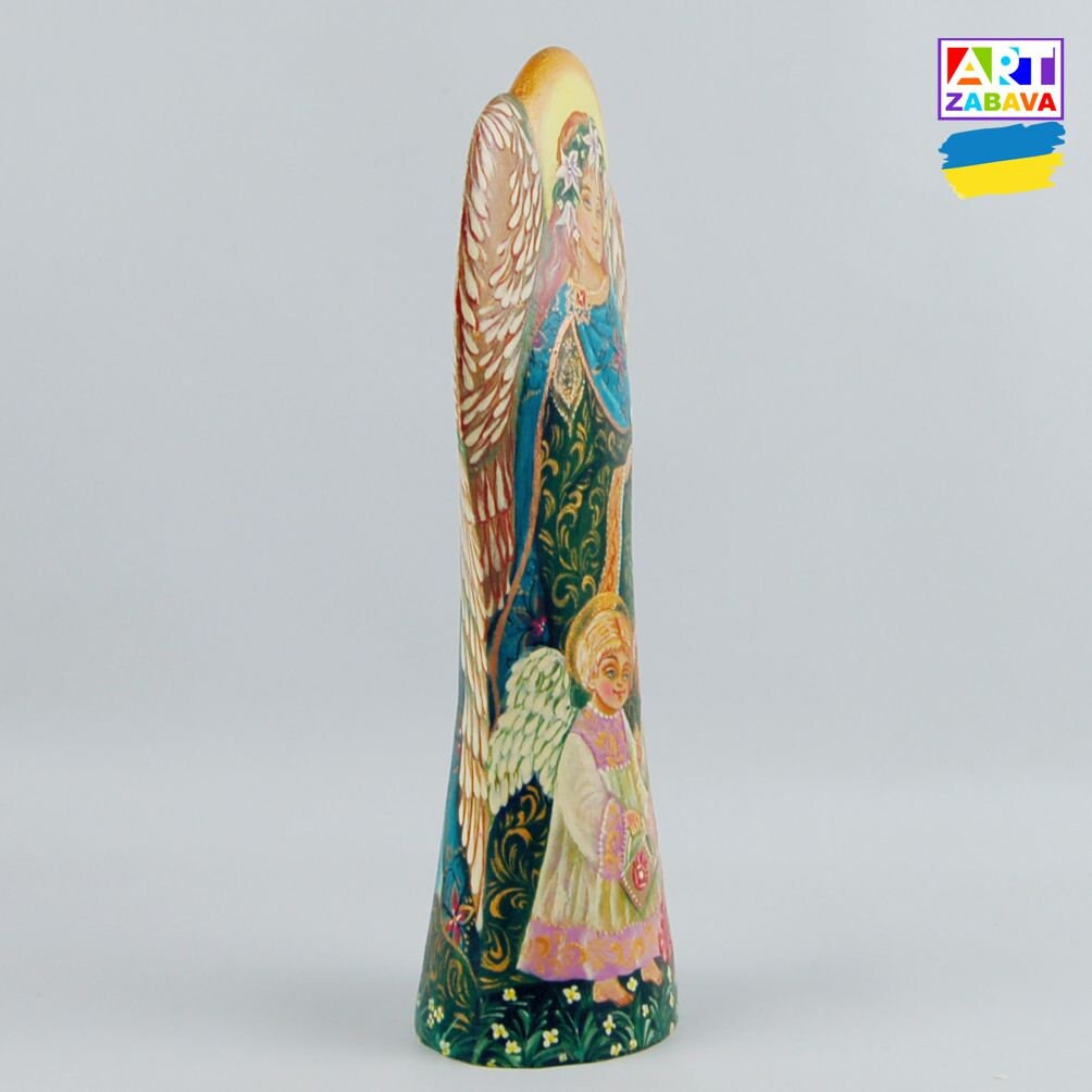 7.6-inch custom order hand-carved and painted Christmas Angel wooden figurine, showcasing detailed craftsmanship and festive design.