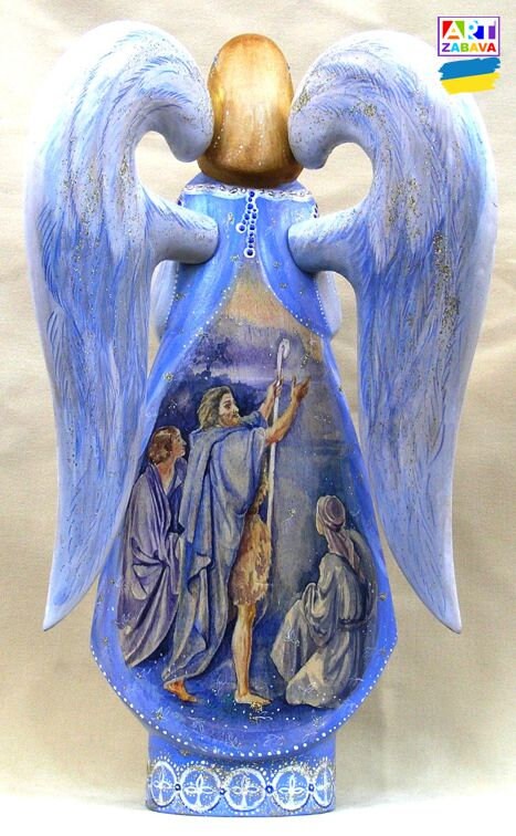 9.8-inch custom order hand-carved and painted wooden Christmas angel figurine, showcasing detailed craftsmanship and delicate features.