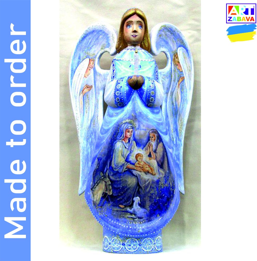 9.8-inch custom order hand-carved and painted wooden Christmas angel figurine, showcasing detailed craftsmanship and delicate features.