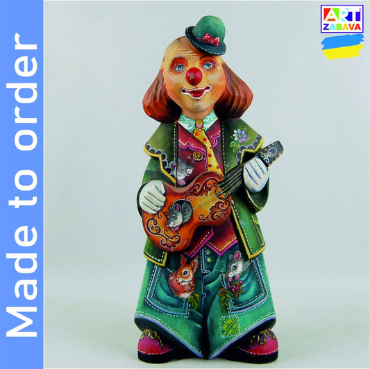 9.9-inch custom order hand-carved and painted funny circus clown with guitar wooden figurine, featuring detailed craftsmanship and vibrant colors.