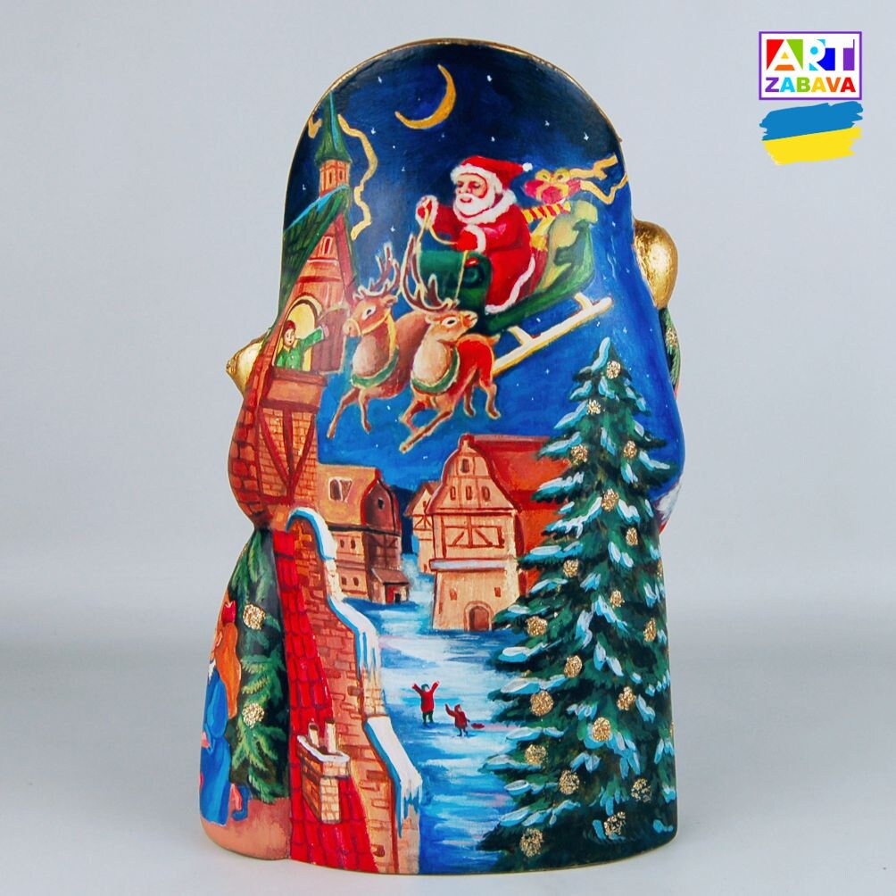 8-inch EXTRA THIN hand-carved and painted Father Frost figurine with gift and bag, wooden statue with detailed craftsmanship.