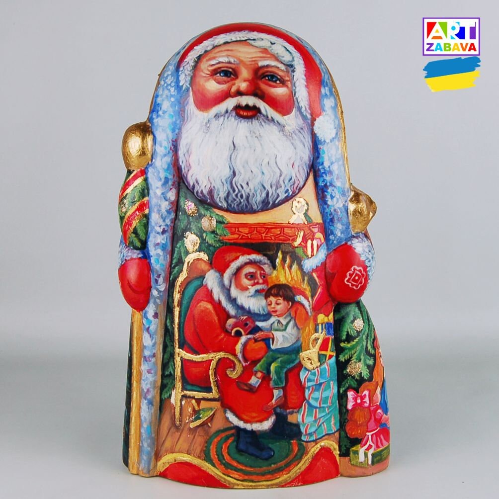 8-inch EXTRA THIN hand-carved and painted Father Frost figurine with gift and bag, wooden statue with detailed craftsmanship.